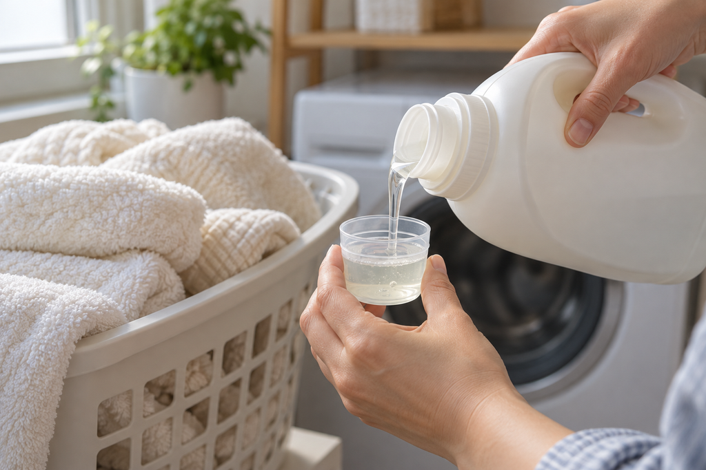 계량컵으로 세탁세제 사용량을 확인하는 모습